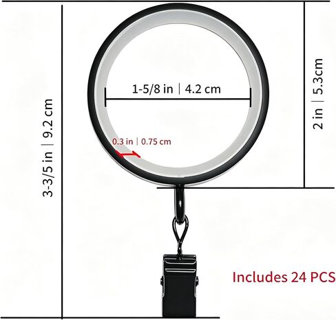 24 Pack Curtain Rings, Premium Metal with Smooth & Quiet Nylon Inserts with Clips, 1-5/8" Inner Diameter, Fits up to 1-1/4" Rod, Black in Saudi Arabia