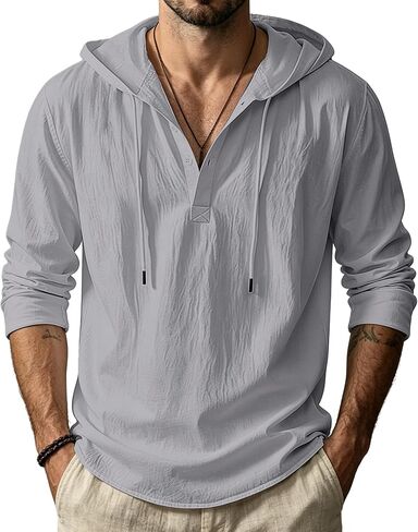 Men's Cotton Linen Hoodies Casual Hooded Long Sleeve Button Down Shirts Lightweight Casual Hawaiian Beach Sweatshirts in Saudi Arabia
