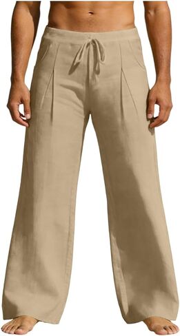 Men's Linen Pants Drawstring Loose Beach Pants with Pockets Linen Elastic Waist Drawstring Casual Summer Trousers in Saudi Arabia