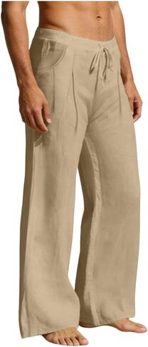 Men's Linen Pants Drawstring Loose Beach Pants with Pockets Linen Elastic Waist Drawstring Casual Summer Trousers in Saudi Arabia