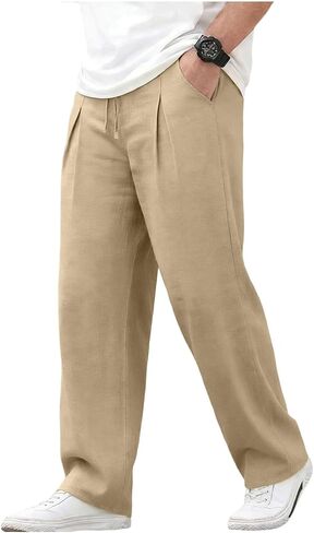 Men's Linen Pants Drawstring Loose Beach Pants with Pockets Linen Elastic Waist Drawstring Casual Summer Trousers in Saudi Arabia
