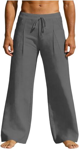 Men's Linen Pants Drawstring Loose Beach Pants with Pockets Linen Elastic Waist Drawstring Casual Summer Trousers in Saudi Arabia