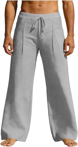 Men's Linen Pants Drawstring Loose Beach Pants with Pockets Linen Elastic Waist Drawstring Casual Summer Trousers in Saudi Arabia