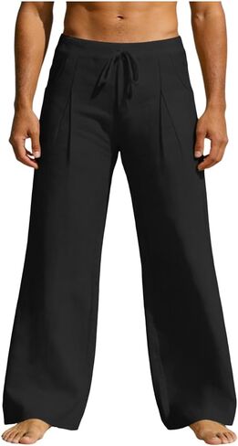 Men's Linen Pants Drawstring Loose Beach Pants with Pockets Linen Elastic Waist Drawstring Casual Summer Trousers in Saudi Arabia