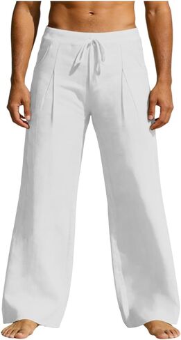Men's Linen Pants Drawstring Loose Beach Pants with Pockets Linen Elastic Waist Drawstring Casual Summer Trousers in Saudi Arabia