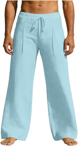 Men's Linen Pants Drawstring Loose Beach Pants with Pockets Linen Elastic Waist Drawstring Casual Summer Trousers in Saudi Arabia
