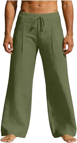 Men's Linen Pants Drawstring Loose Beach Pants with Pockets Linen Elastic Waist Drawstring Casual Summer Trousers in Saudi Arabia