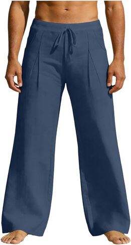 Men's Linen Pants Drawstring Loose Beach Pants with Pockets Linen Elastic Waist Drawstring Casual Summer Trousers in Saudi Arabia