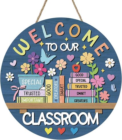 Welcome to Our Classroom Front Door Sign, Back to School Educational Books Wood Hanger Preschool Elementary Home Decor, Floral Wooden Wreath Indoor Wall Hanging Decoration Teacher Supplies in Kuwait