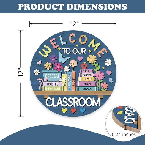 Welcome to Our Classroom Front Door Sign, Back to School Educational Books Wood Hanger Preschool Elementary Home Decor, Floral Wooden Wreath Indoor Wall Hanging Decoration Teacher Supplies in Kuwait