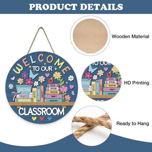 Welcome to Our Classroom Front Door Sign, Back to School Educational Books Wood Hanger Preschool Elementary Home Decor, Floral Wooden Wreath Indoor Wall Hanging Decoration Teacher Supplies in Kuwait