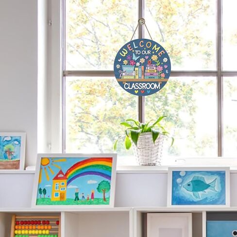 Welcome to Our Classroom Front Door Sign, Back to School Educational Books Wood Hanger Preschool Elementary Home Decor, Floral Wooden Wreath Indoor Wall Hanging Decoration Teacher Supplies in Kuwait