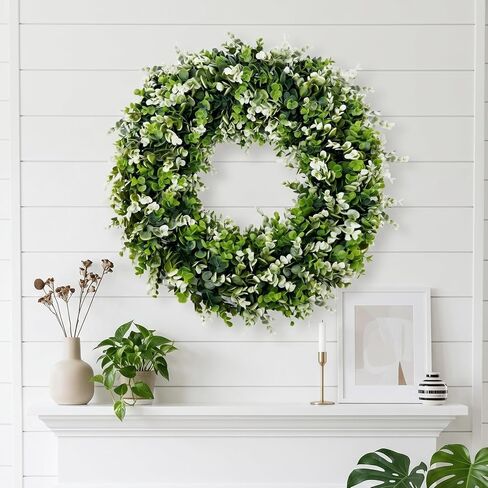24'' Artificial Eucalyptus Wreath for Front Door Artificial Green Leaves Greenery Indoor Outdoor Wreath Home Decor Porch Window Wall Farmhouse Door Decorations Spring Summer Fall All Seasons in Saudi Arabia