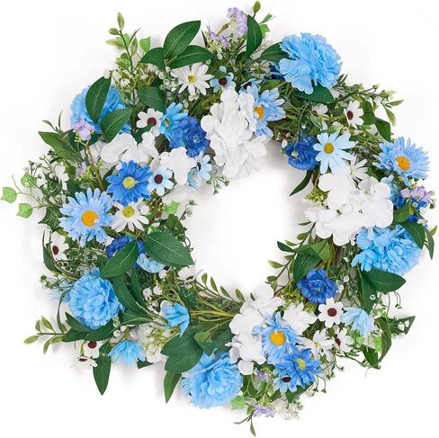 GENMOUS 24 Inch Summer Spring Blue Daisy Wreath for Front Door, Rustic and Farmhouse Flower Wreath with Myosotis sylvatica, Indoor&Outdoor Wedding Wall Home Decor in Saudi Arabia
