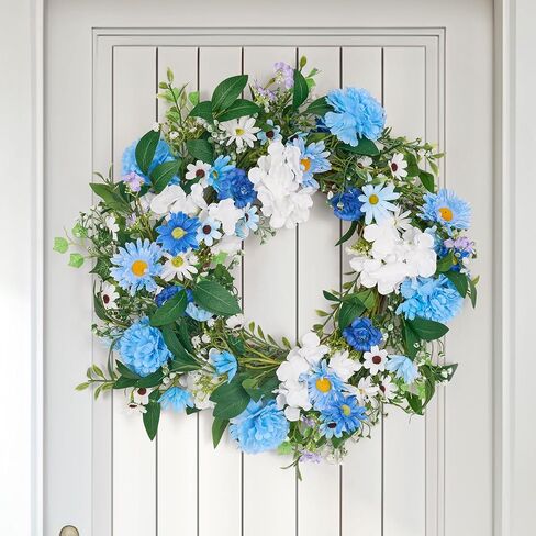 GENMOUS 24 Inch Summer Spring Blue Daisy Wreath for Front Door, Rustic and Farmhouse Flower Wreath with Myosotis sylvatica, Indoor&Outdoor Wedding Wall Home Decor in Saudi Arabia
