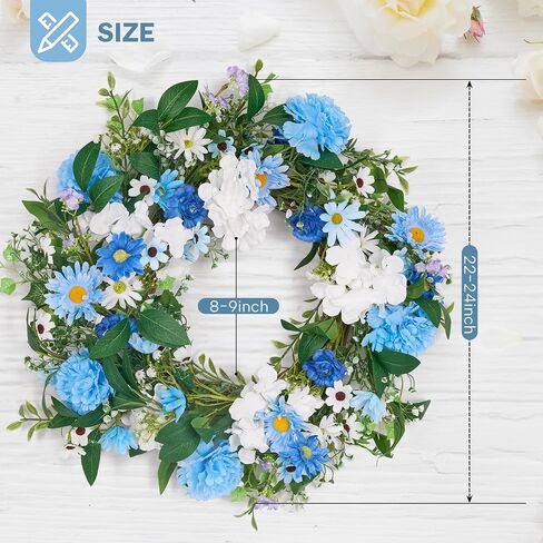 GENMOUS 24 Inch Summer Spring Blue Daisy Wreath for Front Door, Rustic and Farmhouse Flower Wreath with Myosotis sylvatica, Indoor&Outdoor Wedding Wall Home Decor in Saudi Arabia