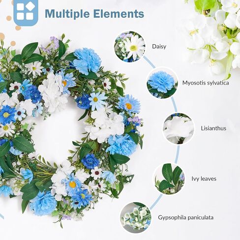 GENMOUS 24 Inch Summer Spring Blue Daisy Wreath for Front Door, Rustic and Farmhouse Flower Wreath with Myosotis sylvatica, Indoor&Outdoor Wedding Wall Home Decor in Saudi Arabia