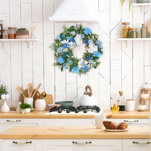 GENMOUS 24 Inch Summer Spring Blue Daisy Wreath for Front Door, Rustic and Farmhouse Flower Wreath with Myosotis sylvatica, Indoor&Outdoor Wedding Wall Home Decor in Saudi Arabia