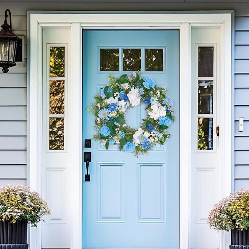 GENMOUS 24 Inch Summer Spring Blue Daisy Wreath for Front Door, Rustic and Farmhouse Flower Wreath with Myosotis sylvatica, Indoor&Outdoor Wedding Wall Home Decor in Saudi Arabia