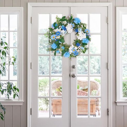GENMOUS 24 Inch Summer Spring Blue Daisy Wreath for Front Door, Rustic and Farmhouse Flower Wreath with Myosotis sylvatica, Indoor&Outdoor Wedding Wall Home Decor in Saudi Arabia