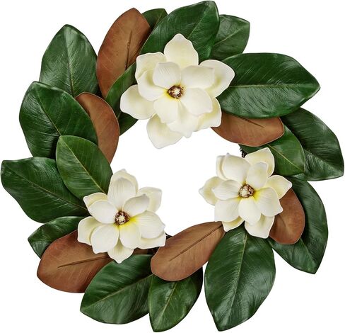 Hollyone Artificial Magnolia Wreaths for Front Door 20 Inch Faux Magnolia Flowers Wreath Greenery Leaf Wreath for Indoor Outdoor Home Window Farmhouse Mantel All Seasons Decor in Kuwait