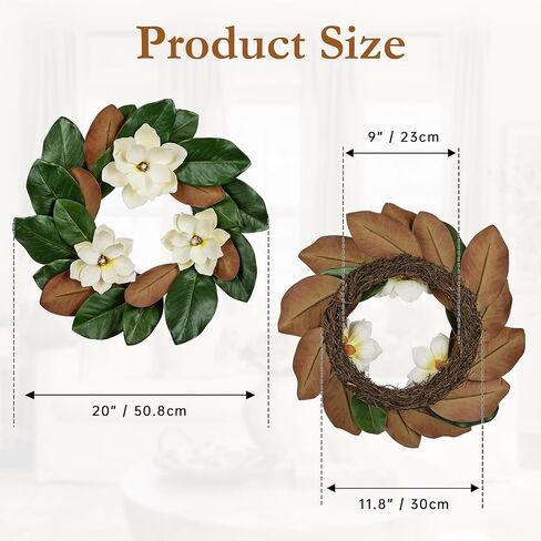 Hollyone Artificial Magnolia Wreaths for Front Door 20 Inch Faux Magnolia Flowers Wreath Greenery Leaf Wreath for Indoor Outdoor Home Window Farmhouse Mantel All Seasons Decor in Kuwait