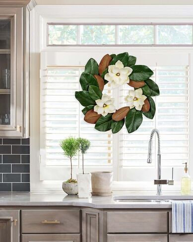 Hollyone Artificial Magnolia Wreaths for Front Door 20 Inch Faux Magnolia Flowers Wreath Greenery Leaf Wreath for Indoor Outdoor Home Window Farmhouse Mantel All Seasons Decor in Kuwait