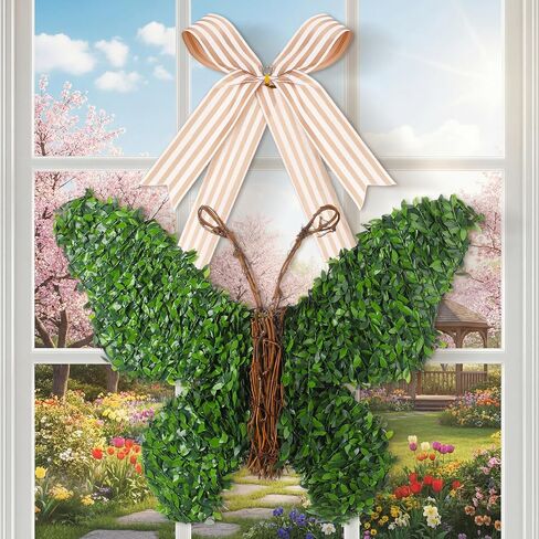 Suncalla 20 Inch Butterfly Wreath with Bow Greenery Spring Artificial Boxwood Wreaths Farmhouse Door Sign for Indoor and Outdoor Porch Front Door Wall Window Mantels Fireplace Wedding Decor Gift in Kuwait