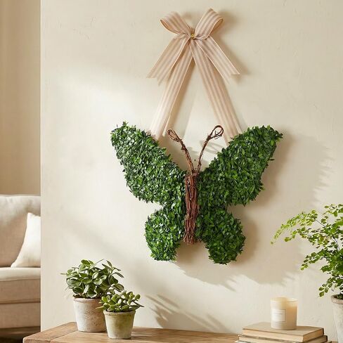 Suncalla 20 Inch Butterfly Wreath with Bow Greenery Spring Artificial Boxwood Wreaths Farmhouse Door Sign for Indoor and Outdoor Porch Front Door Wall Window Mantels Fireplace Wedding Decor Gift in Kuwait