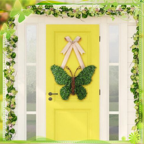 Suncalla 20 Inch Butterfly Wreath with Bow Greenery Spring Artificial Boxwood Wreaths Farmhouse Door Sign for Indoor and Outdoor Porch Front Door Wall Window Mantels Fireplace Wedding Decor Gift in Kuwait
