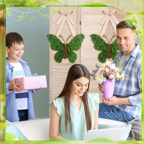 Suncalla 20 Inch Butterfly Wreath with Bow Greenery Spring Artificial Boxwood Wreaths Farmhouse Door Sign for Indoor and Outdoor Porch Front Door Wall Window Mantels Fireplace Wedding Decor Gift in Kuwait