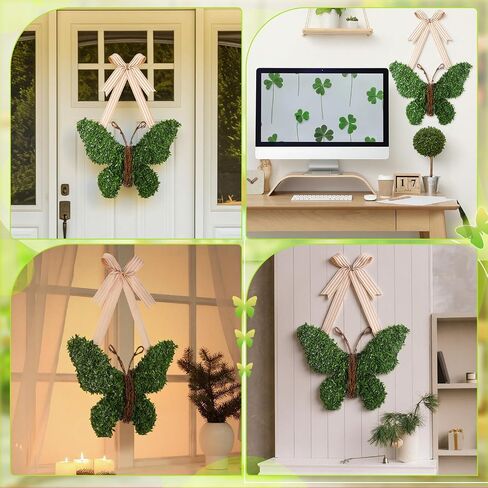 Suncalla 20 Inch Butterfly Wreath with Bow Greenery Spring Artificial Boxwood Wreaths Farmhouse Door Sign for Indoor and Outdoor Porch Front Door Wall Window Mantels Fireplace Wedding Decor Gift in Kuwait