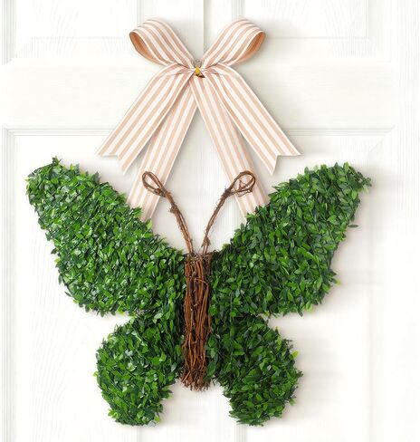 Suncalla 20 Inch Butterfly Wreath with Bow Greenery Spring Artificial Boxwood Wreaths Farmhouse Door Sign for Indoor and Outdoor Porch Front Door Wall Window Mantels Fireplace Wedding Decor Gift in Kuwait
