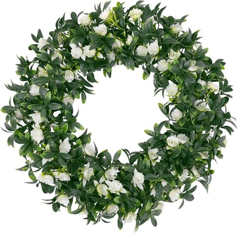 SHACOS Greenery Wreath 15" Artificial Front Door Wreaths Green Wreath with White Flowers for Home Wall Window Farmhouse Decoration 100% Plastic Indoor Outdoor in Saudi Arabia