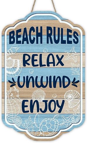 Beach Rules Relax Unwind Enjoy Front Door Sign, Summer Coastal Nautical Sea Horse Turtle Shell Wood Plaque Hanger Beach House Home Decor, Ocean Farmhouse Wooden Wreath Wall Hanging Decoration in Kuwait