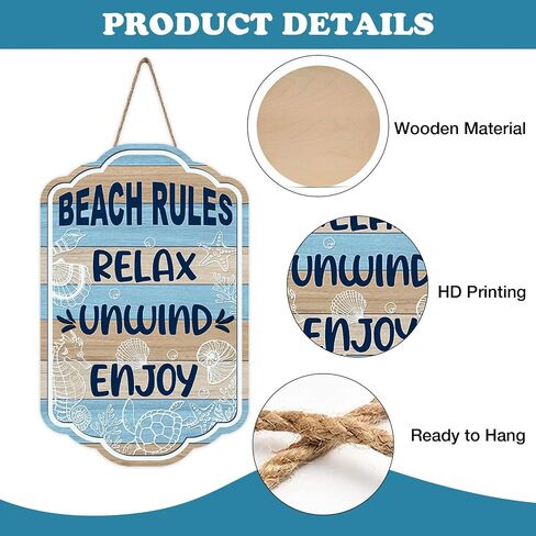 Beach Rules Relax Unwind Enjoy Front Door Sign, Summer Coastal Nautical Sea Horse Turtle Shell Wood Plaque Hanger Beach House Home Decor, Ocean Farmhouse Wooden Wreath Wall Hanging Decoration in Kuwait
