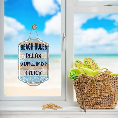 Beach Rules Relax Unwind Enjoy Front Door Sign, Summer Coastal Nautical Sea Horse Turtle Shell Wood Plaque Hanger Beach House Home Decor, Ocean Farmhouse Wooden Wreath Wall Hanging Decoration in Kuwait