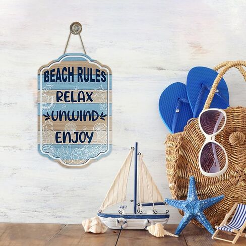 Beach Rules Relax Unwind Enjoy Front Door Sign, Summer Coastal Nautical Sea Horse Turtle Shell Wood Plaque Hanger Beach House Home Decor, Ocean Farmhouse Wooden Wreath Wall Hanging Decoration in Kuwait