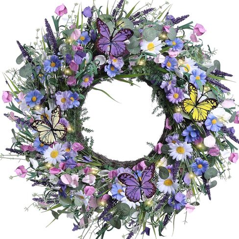 24 Inch Spring Wreaths for Front Door, Artificial Daisy and Lavender Flower Wreaths, Daisy Floral Twig Front Door Wreaths, Spring and Summer Wreaths for Front Door Lavender Home Wall Decor, Purple in Saudi Arabia