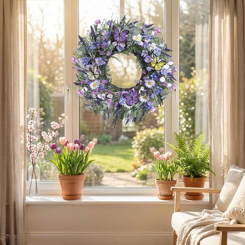 24 Inch Spring Wreaths for Front Door, Artificial Daisy and Lavender Flower Wreaths, Daisy Floral Twig Front Door Wreaths, Spring and Summer Wreaths for Front Door Lavender Home Wall Decor, Purple in Saudi Arabia