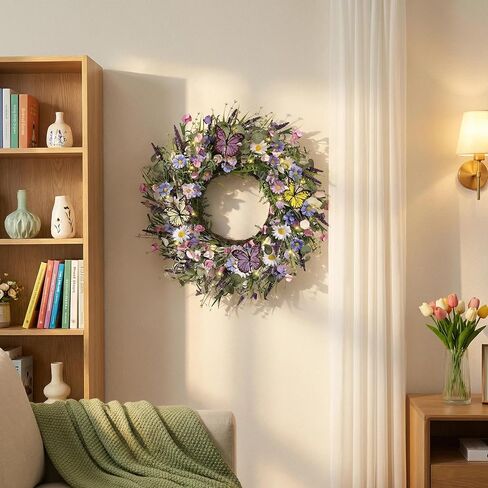 24 Inch Spring Wreaths for Front Door, Artificial Daisy and Lavender Flower Wreaths, Daisy Floral Twig Front Door Wreaths, Spring and Summer Wreaths for Front Door Lavender Home Wall Decor, Purple in Saudi Arabia