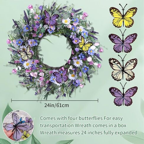 24 Inch Spring Wreaths for Front Door, Artificial Daisy and Lavender Flower Wreaths, Daisy Floral Twig Front Door Wreaths, Spring and Summer Wreaths for Front Door Lavender Home Wall Decor, Purple in Saudi Arabia