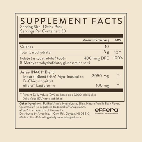 Arrae Inositol Supplement for Women - Supports Healthy Hormonal Balance, Regular Cycles, & Ovarian Health - 40:1 Myo & D-Chiro Raton with Lactoferrin & Folate - Vanilla Flavor - 8 Pack in Saudi Arabia