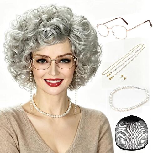 Old Lady Wig Costume Set for Women, Gray Grandma Granny Wig with Hair Accessories, Short Curly Grey Synthetic Wig for Halloween Cosplay & 100 Days of School Party (Grey) in Kuwait