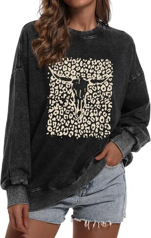 Western Cow Skull Sweatshirts For Women Oversized Graphic Sweatshirt Vintage Crewneck Sweat Shirts Cowgirl Boho Tops in Saudi Arabia