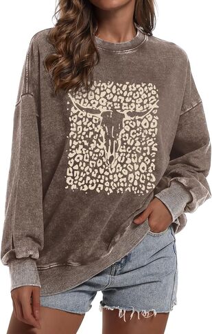 Western Cow Skull Sweatshirts For Women Oversized Graphic Sweatshirt Vintage Crewneck Sweat Shirts Cowgirl Boho Tops in Saudi Arabia