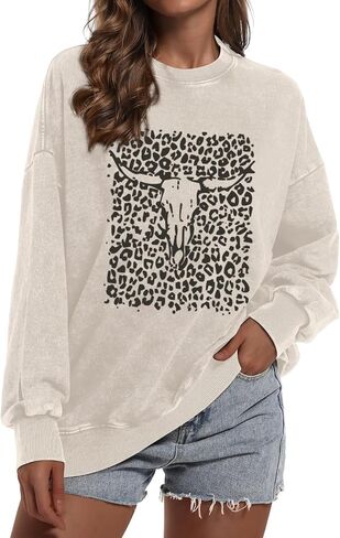 Western Cow Skull Sweatshirts For Women Oversized Graphic Sweatshirt Vintage Crewneck Sweat Shirts Cowgirl Boho Tops in Saudi Arabia