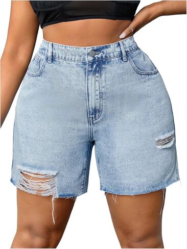 Milumia Women Plus Size Distressed Denim Shorts Elastic Waist Raw Hem Jean Shorts Jorts with Pockets in Kuwait