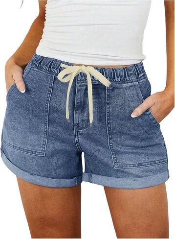 SOLY HUX Women's Summer Baggy Jean Shorts Drawstring Elastic Waist Wide Leg Roll Up Hem Summer Casual Denim Shorts in Saudi Arabia