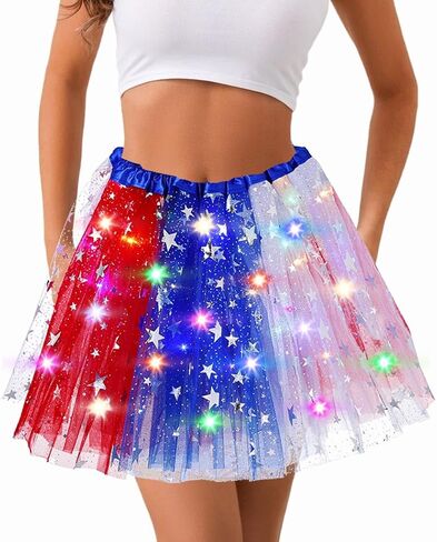 4th of July Tutu Skirt Light Up Red White Blue Star Tutus Women Independence Day USA Flag Skirts Tulle Dance Costume in Kuwait